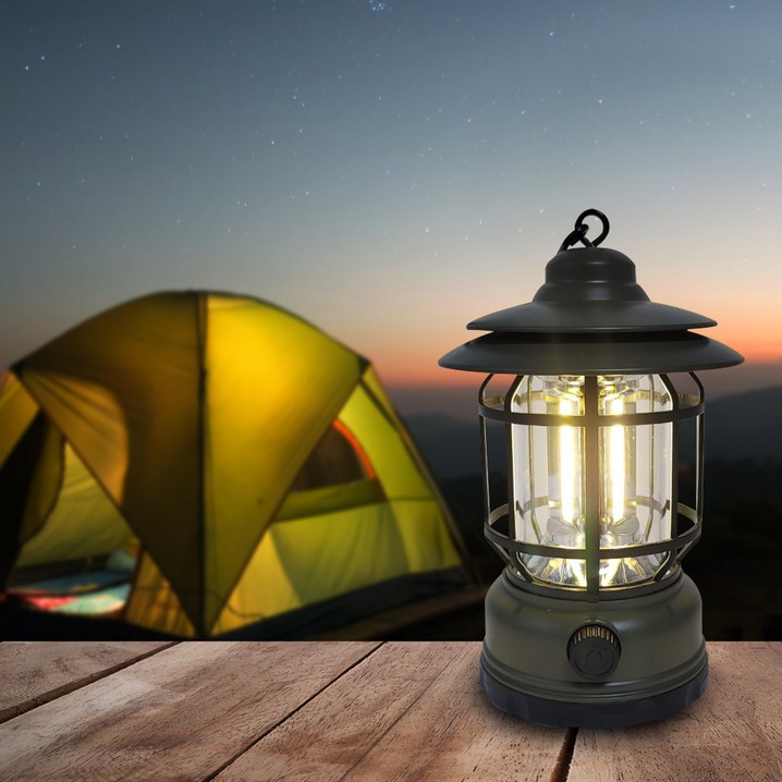 비상 충전식 빈티지 감성 LED 캠핑 랜턴 조명 램프, 카키