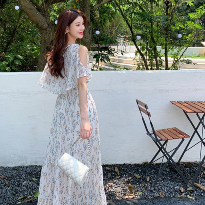 오프숄더 플라워 쉬폰 맥시 롱원피스