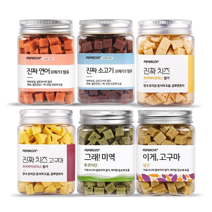 페페로니 진짜시리즈 6개 세트소고기, 연어, 치즈, 치즈고구마, 미역, 고구마, 1세트, 180g 페페로니 진짜시리즈 6개 세트소고기, 연어, 치즈, 치즈고구마, 미역, 고구마, 1세트, 180g