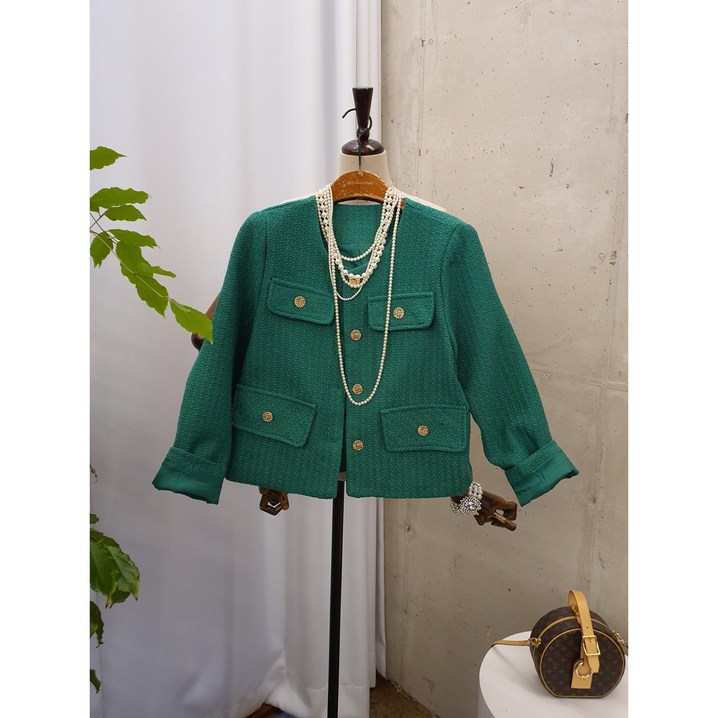봄신상 무배 엘비 트위드 골드 버튼 라운드 긴팔 자켓