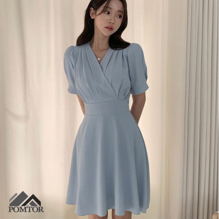 POMTOR 여성 브이넥 원피스 여름 반팔 조임 심플 하객룩 미디원피스 POMTOR 여성 브이넥 원피스 여름 반팔 조임 심플 하객룩 미디원피스