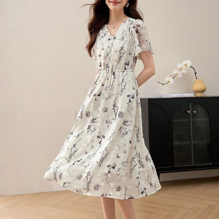 POMTOR 여자 핫한 쉬폰 반팔 브이넥 롱 원피스