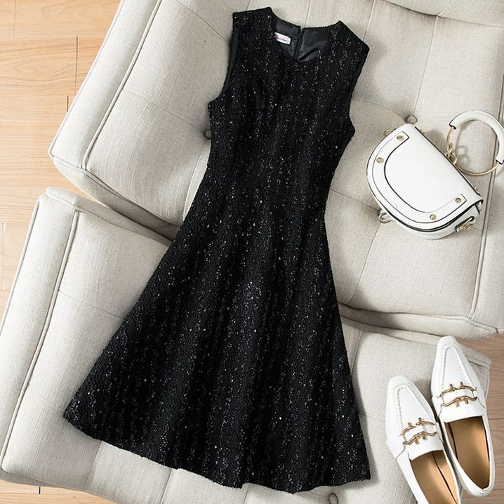 FANSYLI 봄 가을 겨울 신상 빅 사이즈 민소매 원피스 패션 중 롱 U넥 슬림 모직 원피스 여성 고급 통근 조끼 원피스 X2409S1709