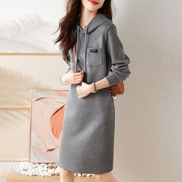 WANGBAIWAN 여성 H라인 후드 맨투맨 원피스 심플 패션 뱃살가림 미디 원피스 S2126