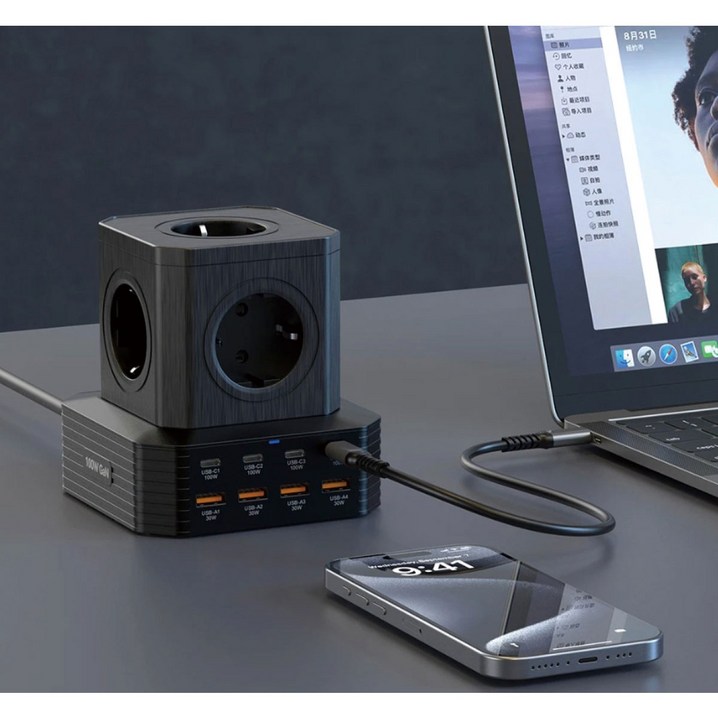 타워큐브 GAN PD 100W 고용량 4000W 5구 USB 8포트 멀티탭 캠핑 충전기, 1개, 2m