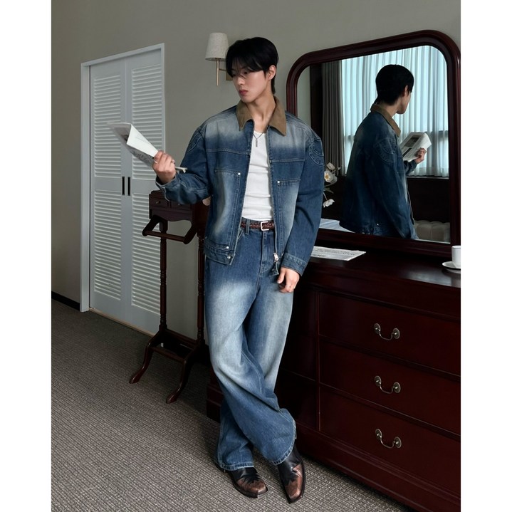 VIo 절개 워싱 데님 워크 자켓 셋업 남자 골덴 청재킷 세트