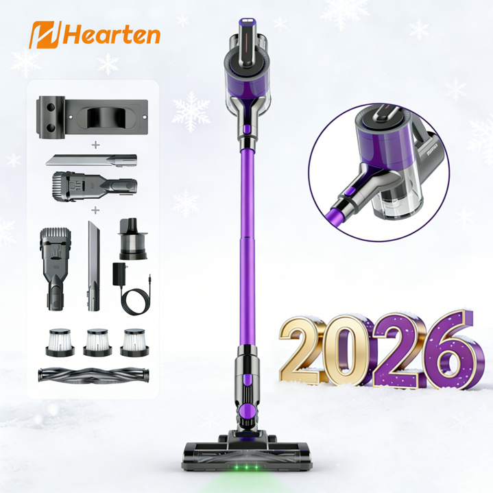 [ 새해 ]Hearten 무선 청소기 다용도 25000pa+고급 HEPA+ LED+디지털 디스플레이+6in1;+자유 조절; 저소음 최신 원룸/차량용/애완동물 휴대용 청소기, Purple