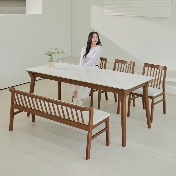루나 포세린 세라믹 원목 6인 식탁세트 1800 의자등받이벤치형 IKLN2D