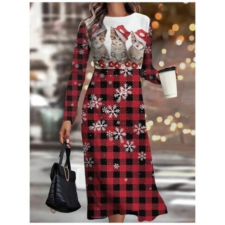 롱 원피스 오버 사이즈 빅 2023 크리스마스 여성 긴 소매 드레스, 3D 눈송이 프린트 A 라인 겨울 특대 파티 패션 의류