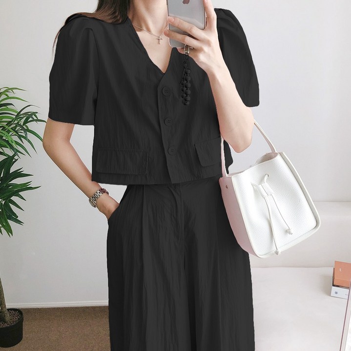 요시아나 [당일발송] 시크무드 페리얼 크롭 자켓 와이드 롱팬츠 세트 투피스 2컬러