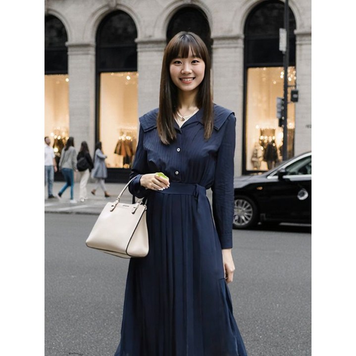 이앤씨 EnC 네이비 셔츠형 플리츠 드레스 ENOW31201W