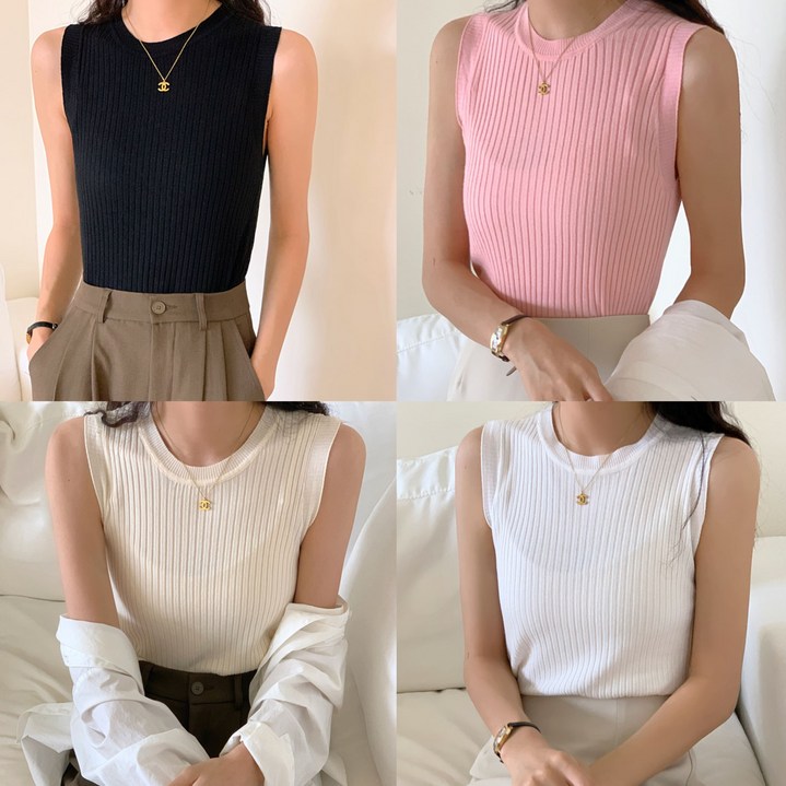 라엔 골지 라운드넥 민소매티 여름 나시