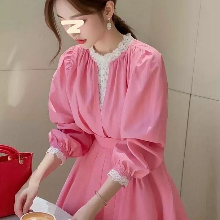 미중 여성 봄 가을 뉴 레이스 부드러운 감미로운 청순한 허리조임 원피스ym