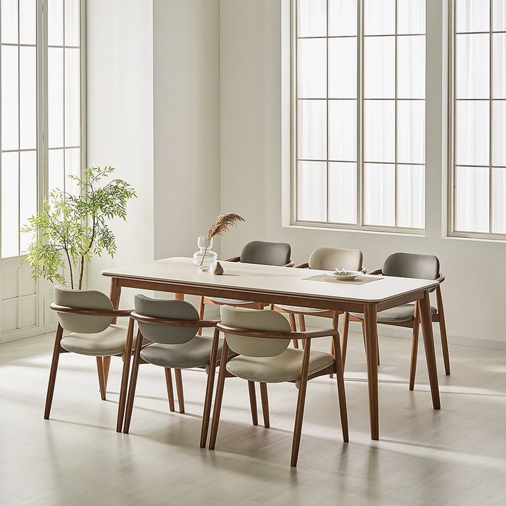 자연애가구 메리안 고무나무 원목 월넛 4인 6인 1600 1900 포세린 세라믹 식탁 세트, 일반 3 + 벤치 1, 1900(6인용)