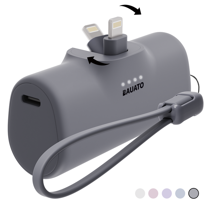 [난연 보조배터리] 바우아토 단자 접이식 미니 일체형 난연 도킹형 보조배터리 5000mAh, 스틸그레이, 라이트닝