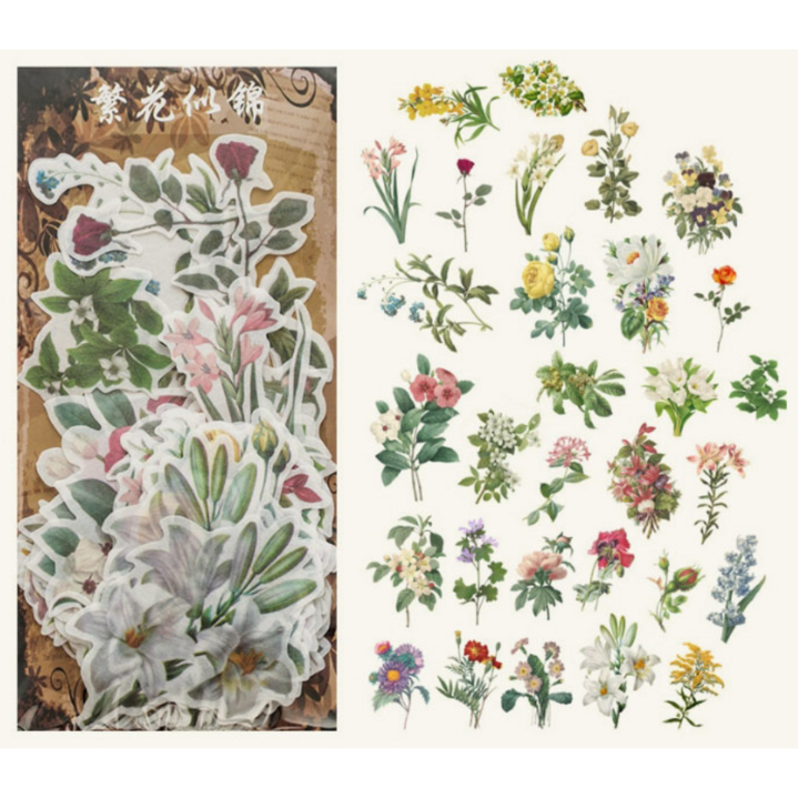 마스로드 프렌치 빈티지 스티커 팩 북 세트 일러스트 [60매 다꾸 꽃 나비 식물 새 고전 감성 조각 레트로 화지 옛날 예쁜 미니 종이 오브제 스티커모음]