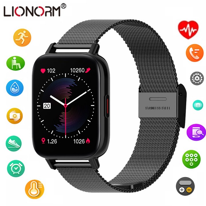 LIONORM 한국형 스마트워치혈압심박수전화통화 가능한 워치, 블랙, 스틸 스트랩 LIONORM 한국형 스마트워치혈압심박수전화통화 가능한 워치, 블랙, 스틸 스트랩