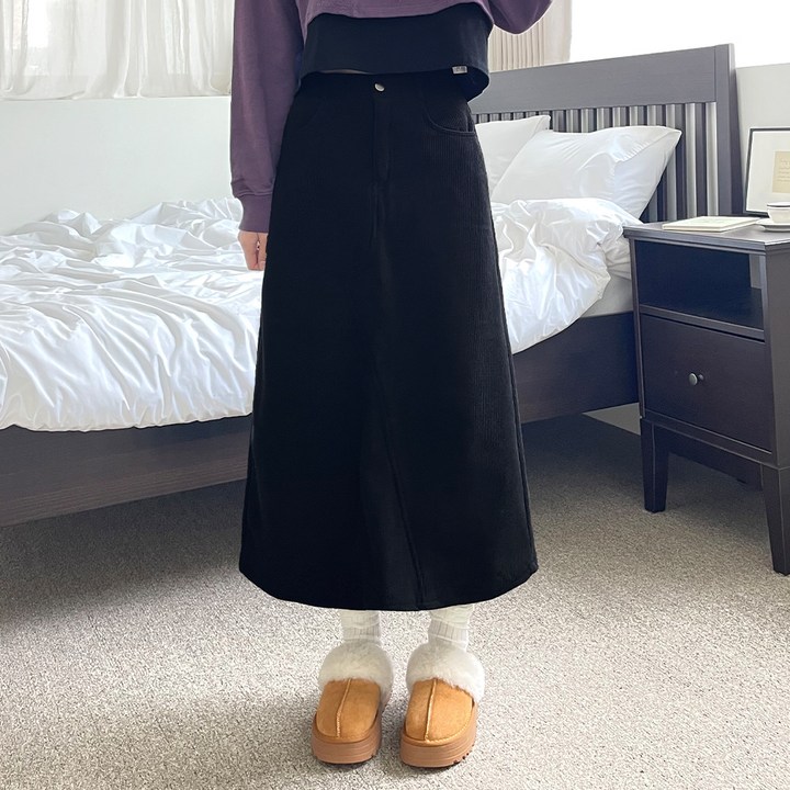 잘빠진 여성용 네아 코듀로이 융털기모 언발절개 A라인 밴딩 롱 스커트