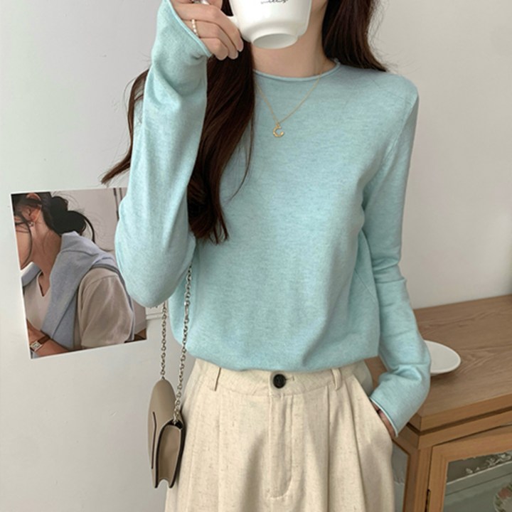 레몬소울 여성용 디에드 데일리 라운드 니트 긴소매 티셔츠