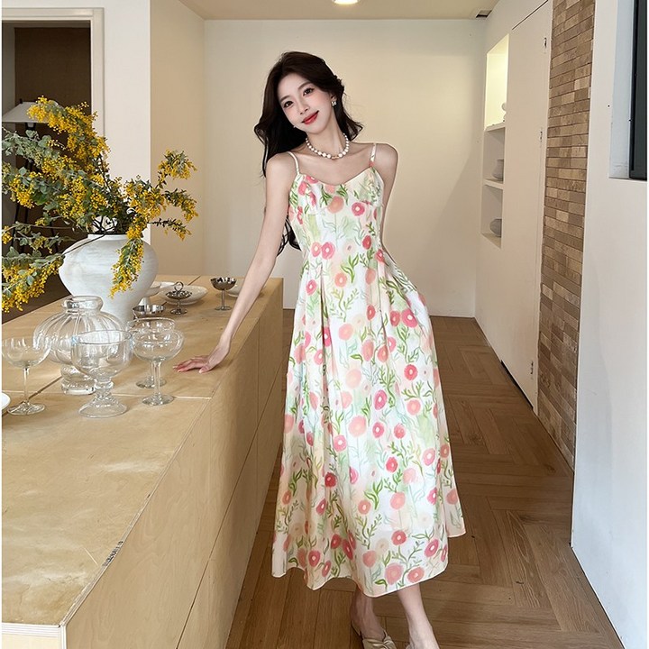 플라워 롱 원피스 A라인 나시 밴딩