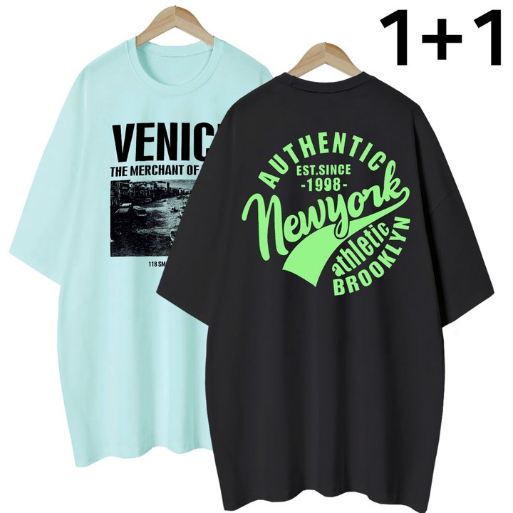 엠제이스타 여성 베니 스+뉴욕 여름 반팔 루즈핏 롱 레터링 티셔츠 2장