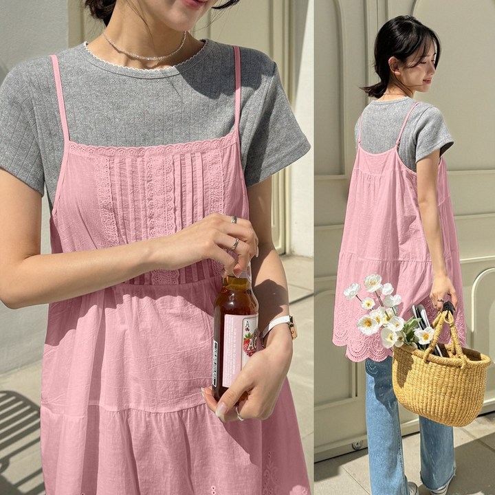 데일리앤 프루티 펀칭 자수 아일렛 프릴 레이스 롱 나시 레이어드 캉캉 끈 뷔스티에 미니 원피스 임산부