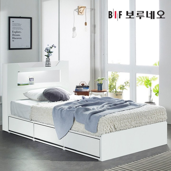 (매트포함)보루네오 100%국내제작 LED 멀티수납 고급형 통서랍 침대프레임 SS Q+독립스프링 유로탑 세트(수도권 희망일배송,방문설치), 04.블리스(화이트) 독립스프링 유로탑