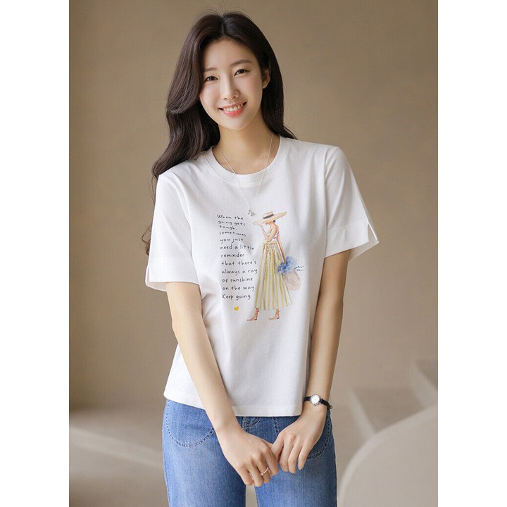 스타일온미 루이스엔젤  우먼 레터링 소매 트임 스판 라운드 티셔츠