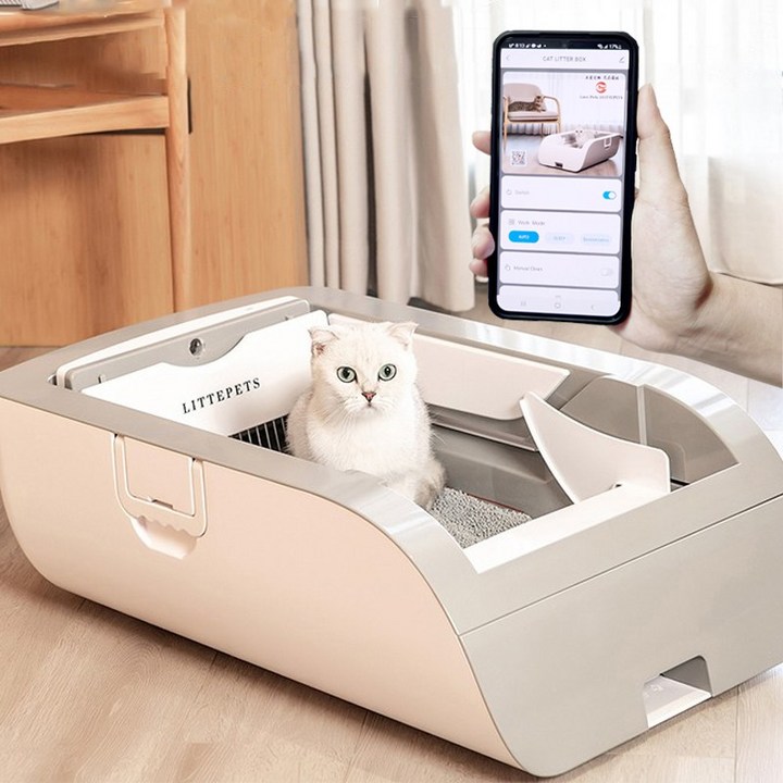 고양이 자동 화장실 스마트 향균 탈취 특대형 자동 청소 센서 화장실, app 화이트(휴대폰 연동o),