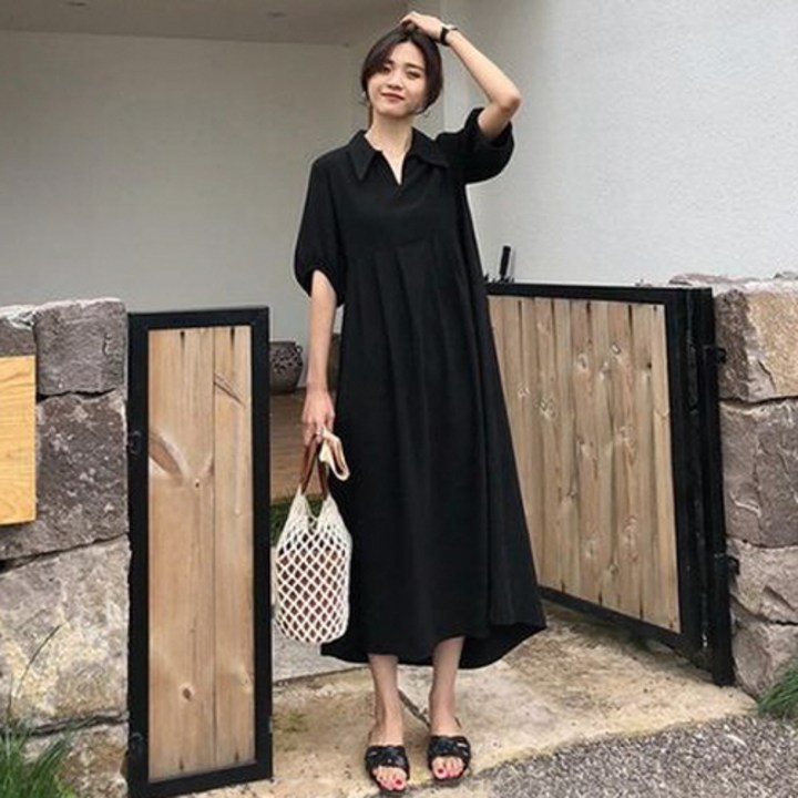 뉴욕멋쟁이 시크 V넥 카라 퍼프 반팔 롱원피스 5588사이즈까지