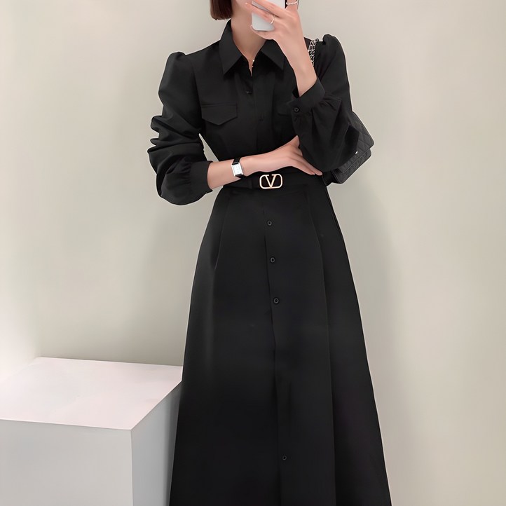 페이퍼먼츠 카라넥 중앙버튼 벨티드 롱 원피스  벨트 세트 02924