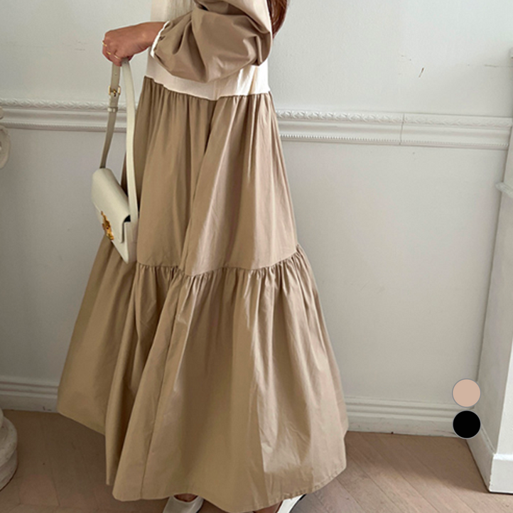 난닝구 여성용 클링던 배색 롱 원피스