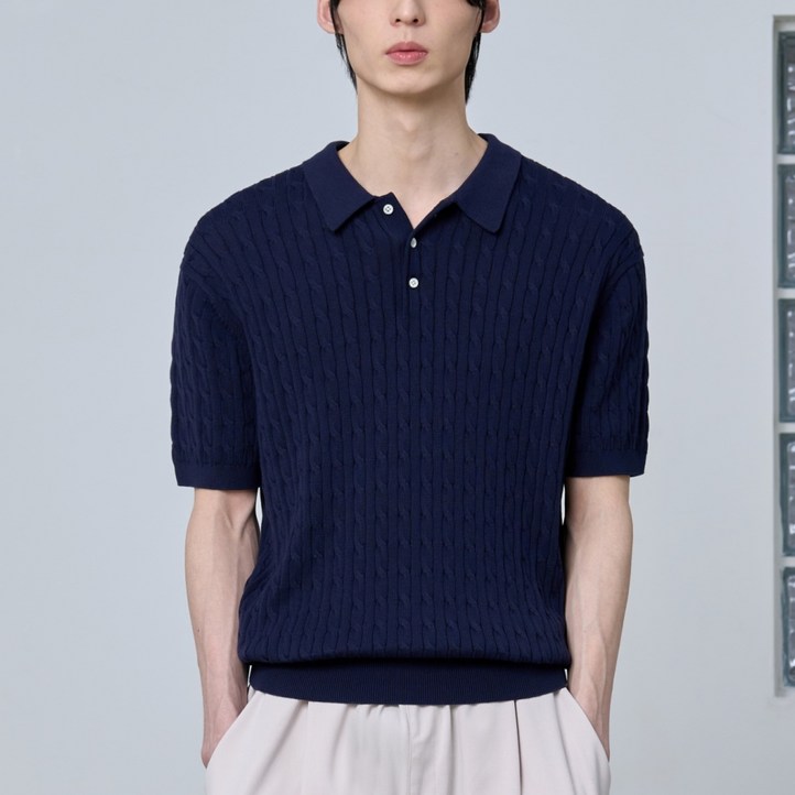 에이지오디 코튼 모달 워셔블 버튼 카라 케이블 하프 니트 반팔니트 반소매니트 캐주얼 데일리 남녀공용 케이블 하찌 반집업 오버핏