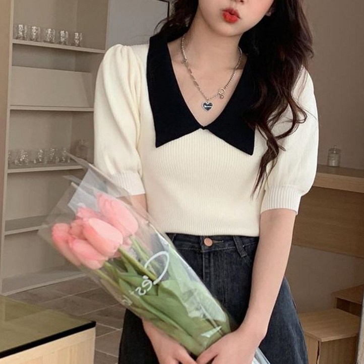 아이엠몽 여성용 파파노 빅카라 퍼프소매 니트 티셔츠