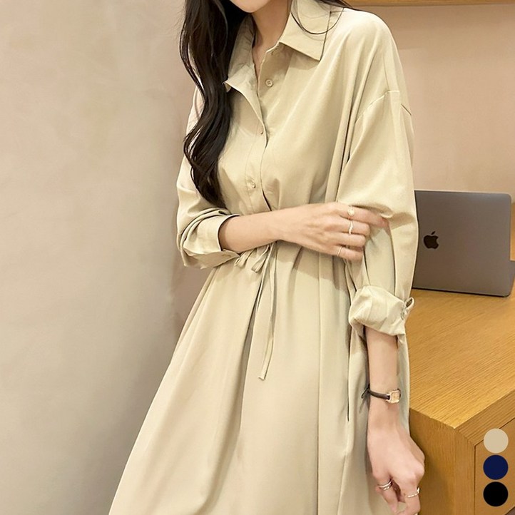 끌로이 여성 카라원피스 롱원피스 여자 루즈핏원피스 결혼식 하객룩 허리조절 긴팔원피스