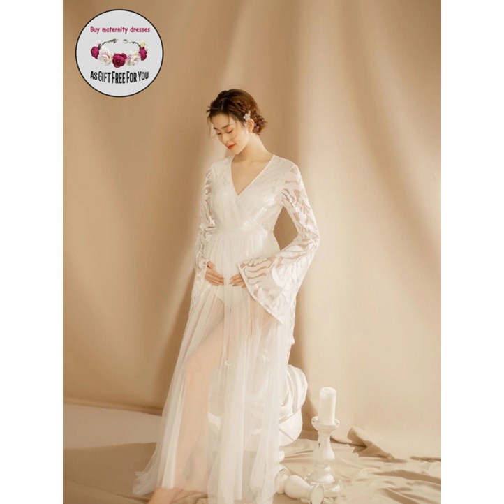 만삭촬영원피스 여성 딥 v 넥 출산 드레스 촬영용 흰색 레이스 베이비 샤워 임신 소품