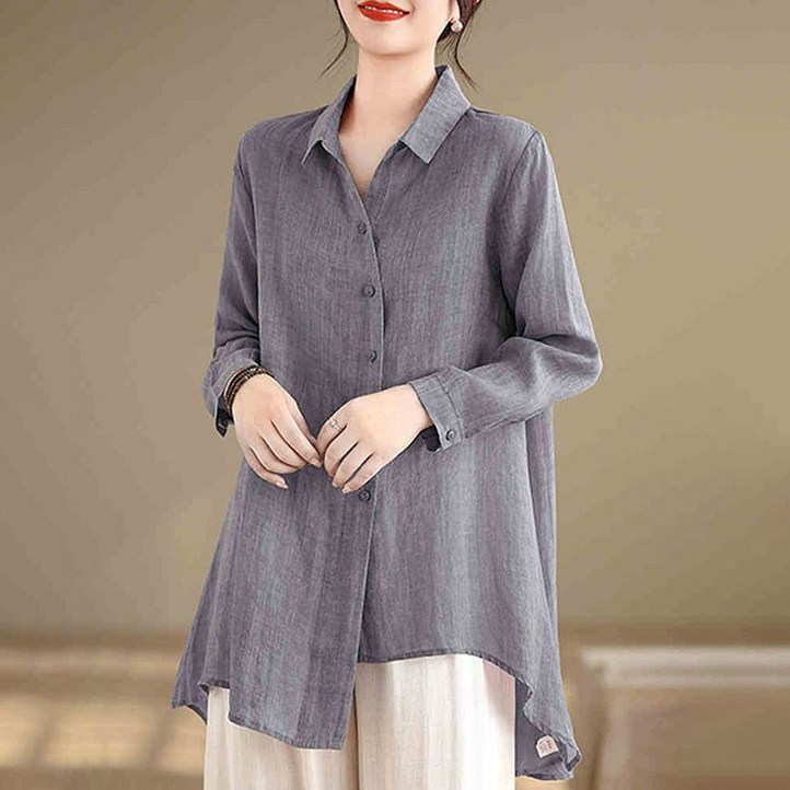 ORZQU 가을 여성 면마 셔츠 빅사이즈 미디 언발란스핏 루즈핏 캐주얼 셔츠