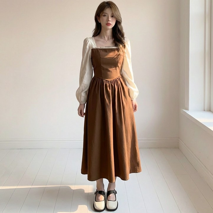 D1199 너멜포 빅사이즈 여성 스퀘어넥 스모크 밴딩 롱원피스 44100