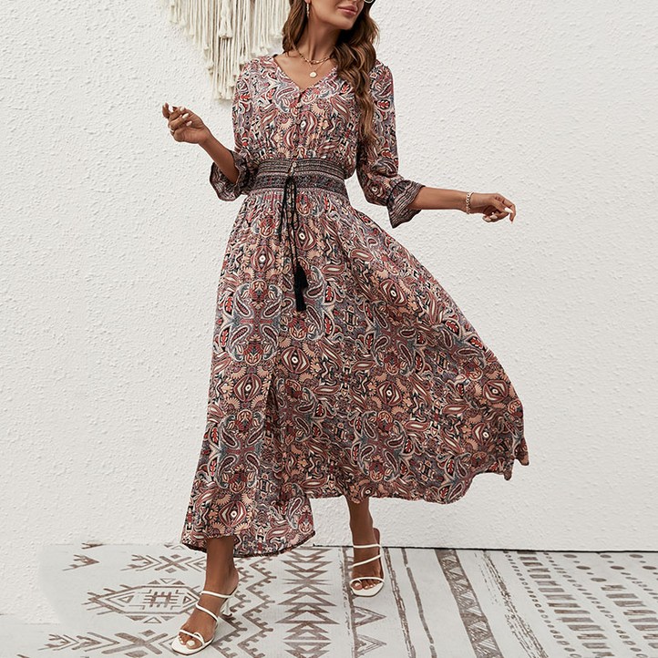 슬림소녀 여성 여름 7부 보헤미안 캐주얼 바캉스 비치 브이넥 원피스