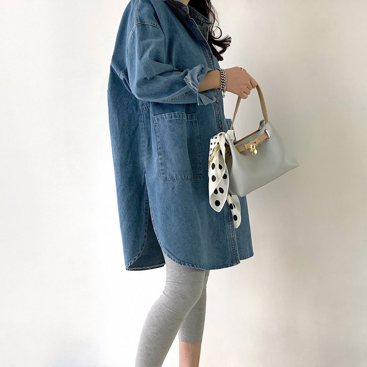 네모 여성용 데님포켓청 블라우스