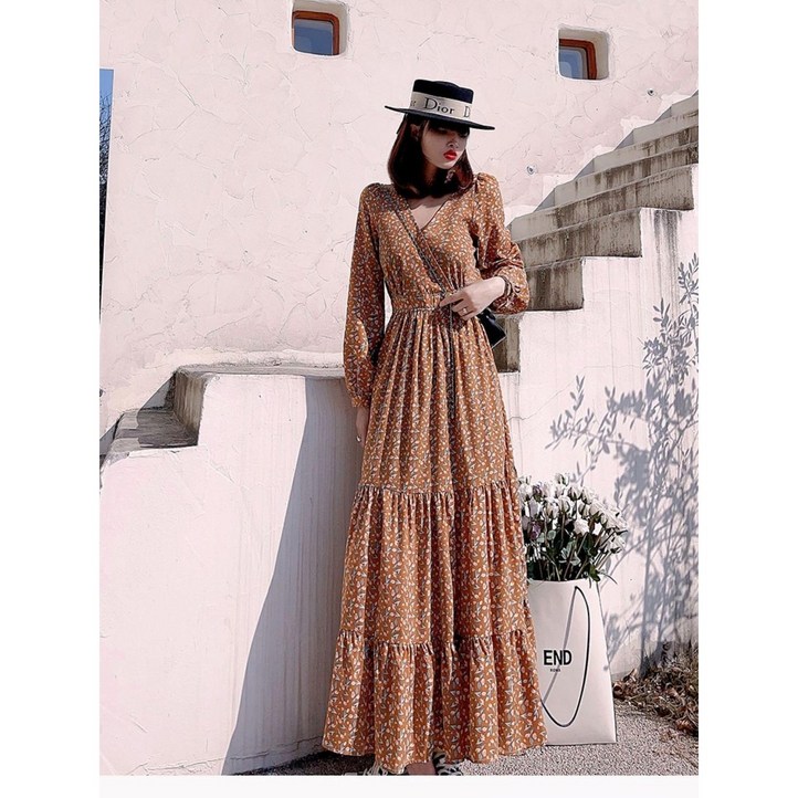 여성 쉬폰 롱 원피스 브이넥 여성 봄가을 데이트룩 플로랄 패턴 쉬폰 긴소매 롱 원피스 LT