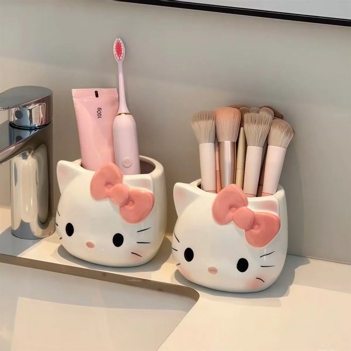 헬로키티 세라믹 칫솔꽂이 다용도 수납함 화장품 브러시 정리