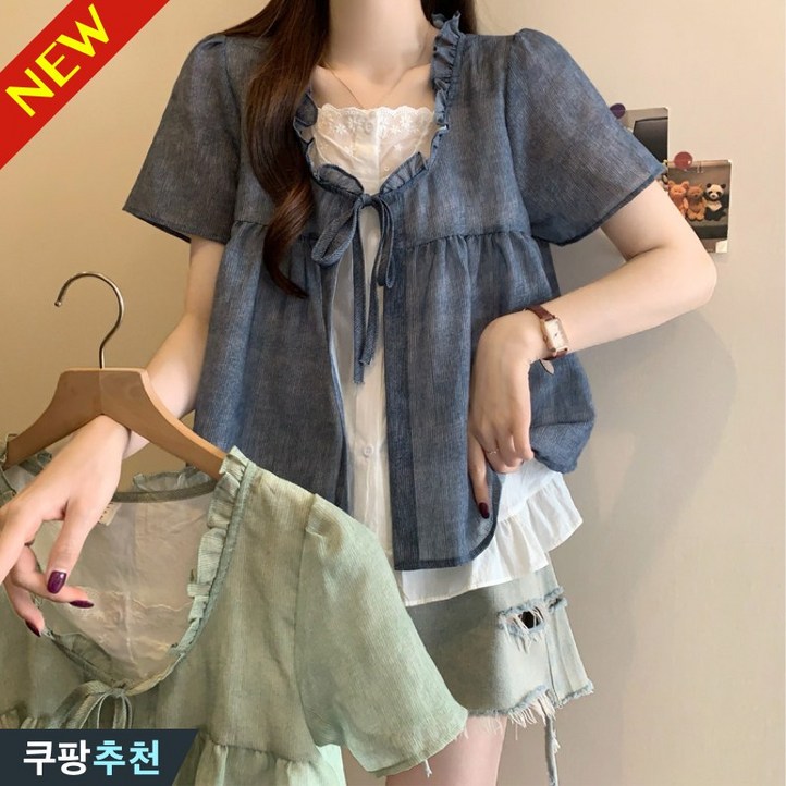 (완전 추천) 100kg까지 빅사이즈 여성 리본 포인트 프릴 패치워크 레이어드 반팔 블라우스 여름 편한 프렌치 러블리 예쁜 플레어 디자인 큰옷 플리츠 얇은 시원한 바캉스 브라우스