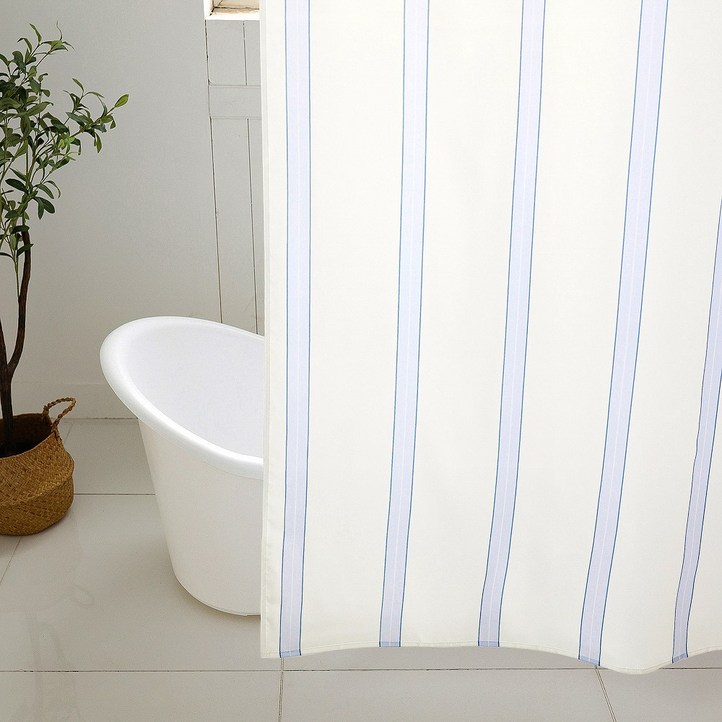 케이트가든 자체제작 빈티지 스트라이프 샤워커튼 방수 욕조 가림막, 블루, 1개