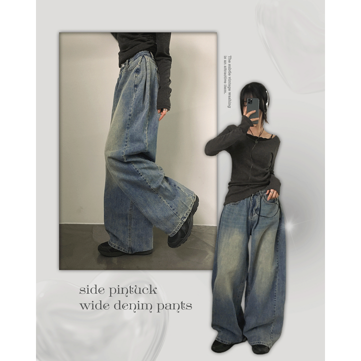 롱,숏5color 코온 사이드 핀턱 벌룬핏 빈티지 워싱 롱 와이드 데님 팬츠