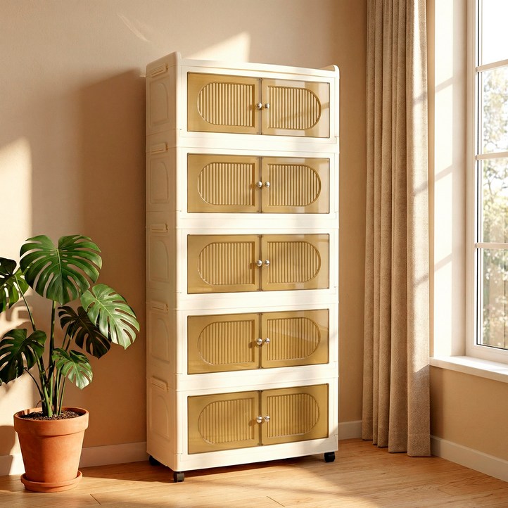 SHEU 플라스틱 리빙박스 접이식 다용도 이동식 수납장 대용량 정리함 거실 부엌 침실 폴딩박스 3단 4단 5단 수납장, 투명, 5개