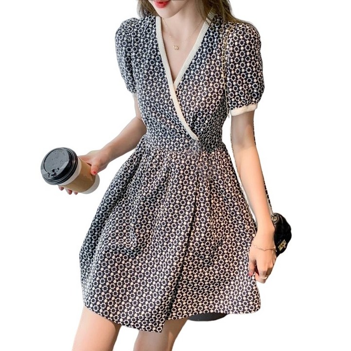 ROYALBELLE 여성 꽃무늬 반팔 원피스 브이넥 슬림핏 럭셔리한 원피스 데일리룩 Y040910