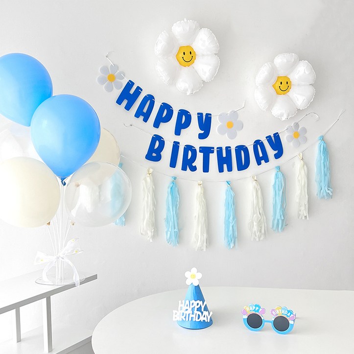하피블리 데이지 풍선 테슬 가랜드 꼬깔 모자 생일 파티 용품 세트, 생일가랜드(블루) 7335868336