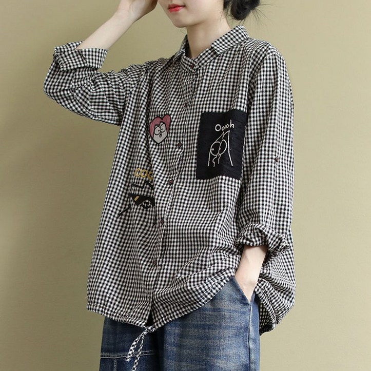100141C 여성 체크무늬 루즈핏 셔츠남방