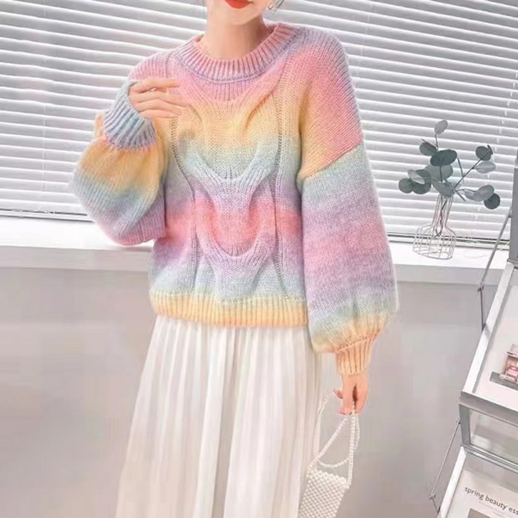 비비에모 여성용 파스텔 레인보우 빅꽈배기 니트 스웨터 02108